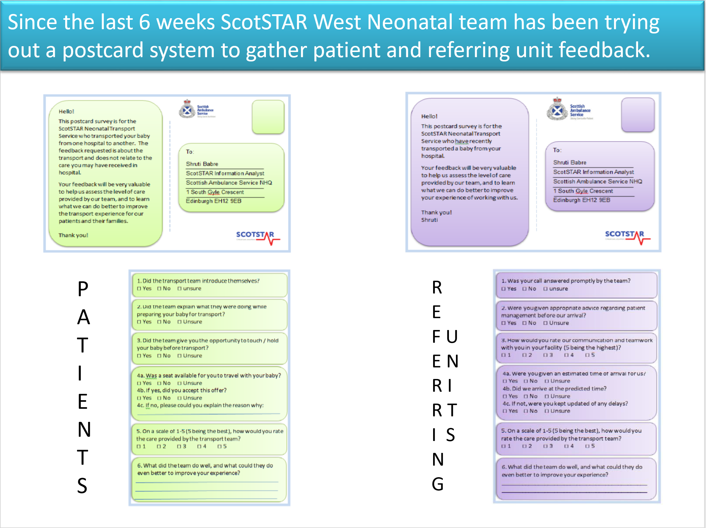 Using Postcards to gather Patient and Referring Unit Feedback at ScotSTAR featured image
