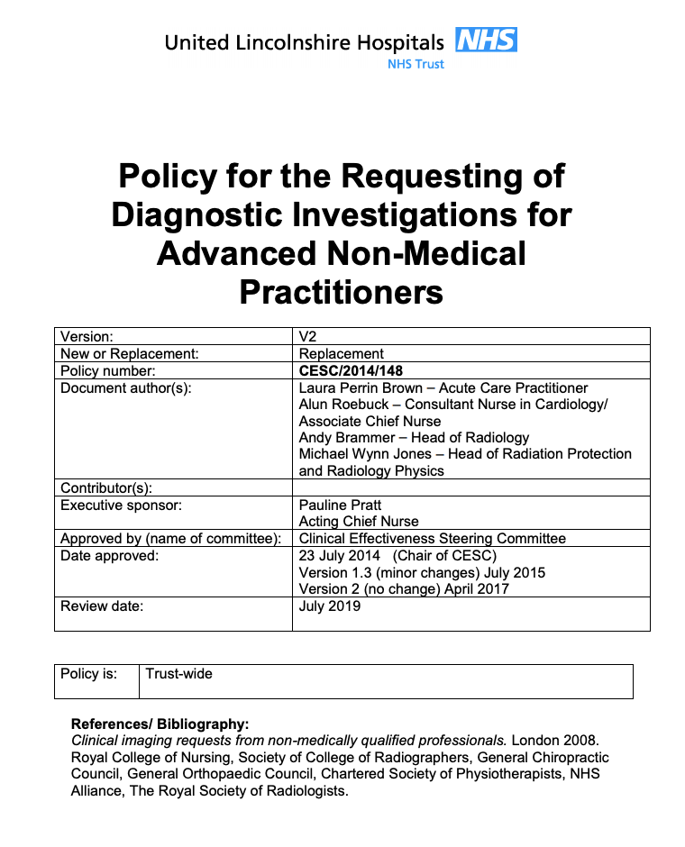 Policy for the Requesting of Diagnostic Investigations for Advanced Non-Medical Practitioners featured image