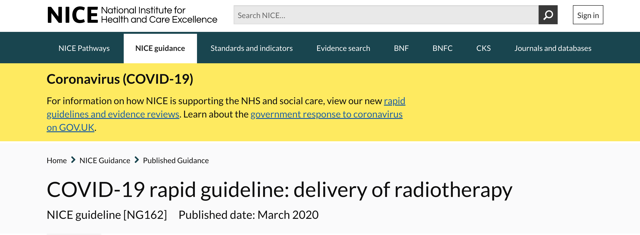 COVID-19 rapid guideline: delivery of radiotherapy - NICE Guidance featured image